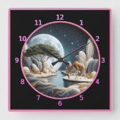 アフリカの月に照らされた水でキリン スクエア壁時計 (正面)