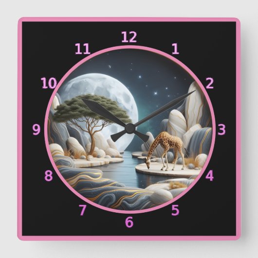 アフリカの月に照らされた水でキリン スクエア壁時計 (正面)