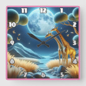 アフリカの月の白熱［赤熱］光を放つ下で2匹のキリン スクエア壁時計 (正面)