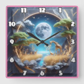 アフリカの月明かりの下をさまようキリン スクエア壁時計 (正面)