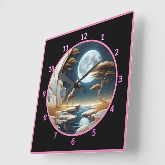 アフリカの月明かりの川によるキリン スクエア壁時計 (傾斜)