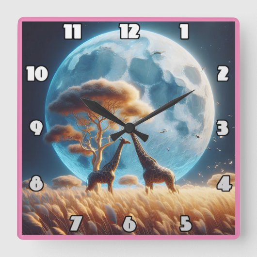 アフリカの満月の下でキリン スクエア壁時計 (正面)