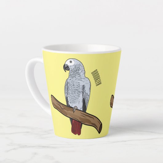 アフリカの灰色のオウムの漫画イラストレーション カフェラテマグ (左アングル)