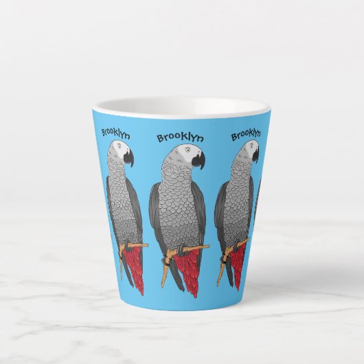 アフリカの灰色のオウムの漫画イラストレーション カフェラテマグ (正面)