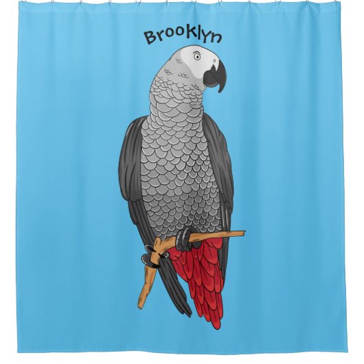 アフリカの灰色のオウムの漫画イラストレーション シャワーカーテン (正面)