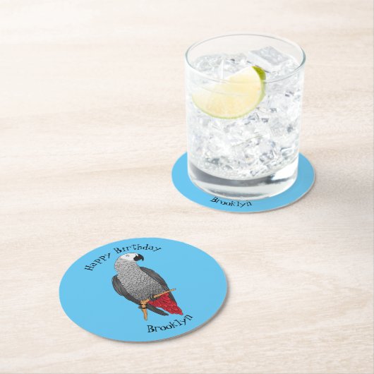 アフリカの灰色のオウムの漫画イラストレーション ラウンドペーパーコースター (インサイチュ)