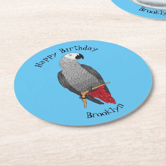 アフリカの灰色のオウムの漫画イラストレーション ラウンドペーパーコースター (アングル)