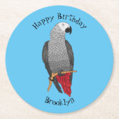 アフリカの灰色のオウムの漫画イラストレーション ラウンドペーパーコースター (正面)