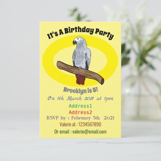 アフリカの灰色のオウムの漫画イラストレーション 招待状 (スタンド正面)