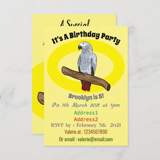 アフリカの灰色のオウムの漫画イラストレーション 招待状 (正面/裏面)