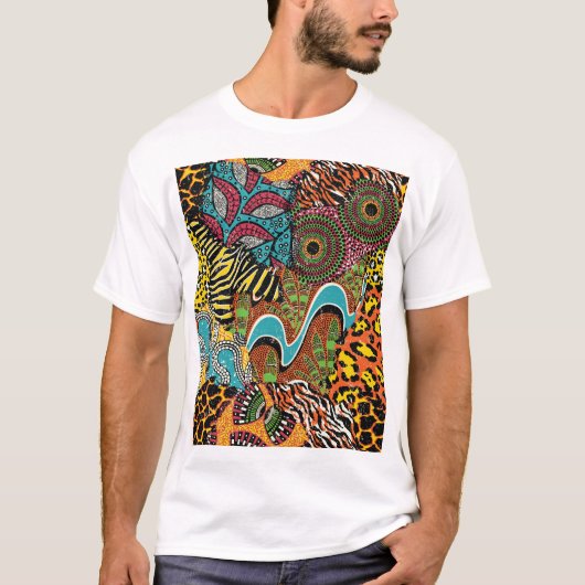 アフリカの織物:野生の動物パッチワーク。 Tシャツ (正面)
