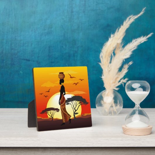 アフリカの美しい女性のシルエット in アフリカの夕日 フォトプラーク (インサイチュ)