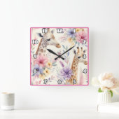 アフリカの花鮮やかに囲まれたキリン スクエア壁時計 (ホーム)