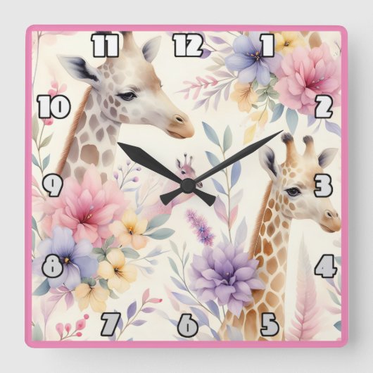 アフリカの花鮮やかに囲まれたキリン スクエア壁時計 (正面)