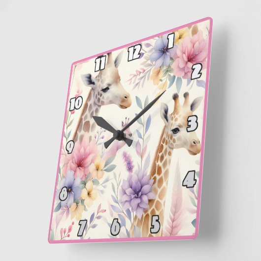 アフリカの花鮮やかに囲まれたキリン スクエア壁時計 (傾斜)