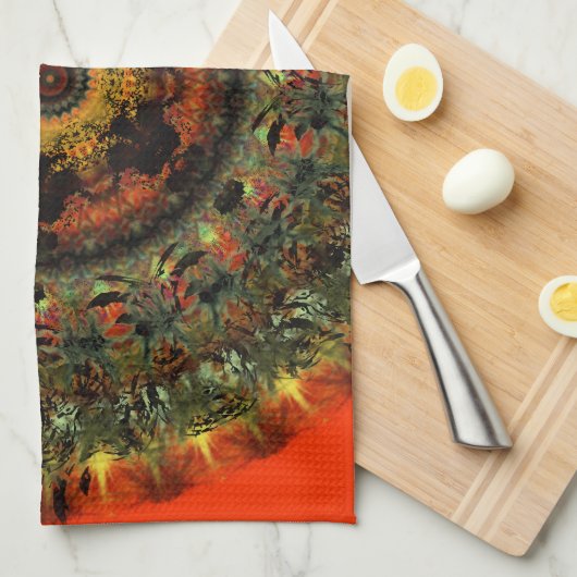 アフリカの薄暗がりの曼荼羅の台所ふきん(オレンジ) キッチンタオル (四つ折り)