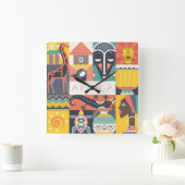 アフリカの記号による芸術のコラージュ スクエア壁時計 (ホーム)