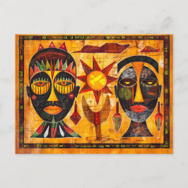 アフリカの部族の仮面と絵を描太陽 シーズンポストカード