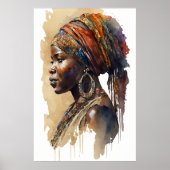 アフリカの部族の女性の水カラーポートレートウォールアート ポスター (正面)