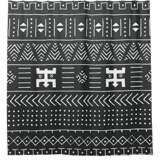 アフリカの部族アート:幾何学白黒 シャワーカーテン (正面)