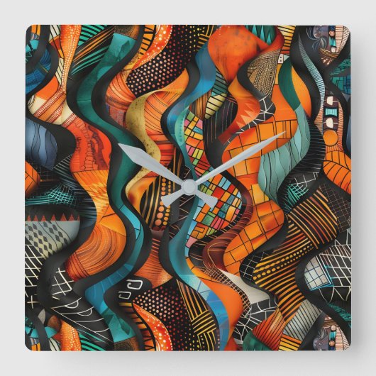 アフリカの部族パターンの壁時計 スクエア壁時計 (正面)