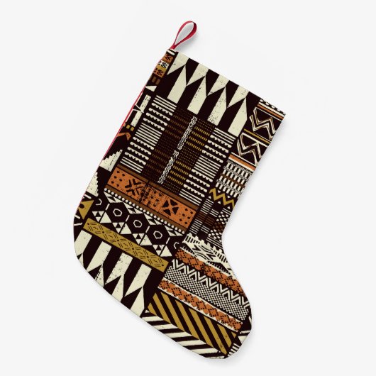 アフリカの部族生地、抽象芸術ヴィンテージ。 スモールクリスマスストッキング (正面 (吊り時))