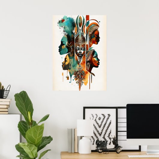 アフリカの部族絵画女性のアーコンテンポラリート ポスター (ホームオフィス)