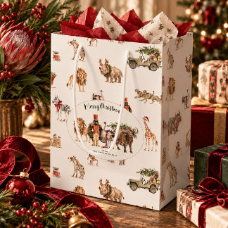 アフリカの野生動物のクリスマス 水彩 ミディアムペーパーバッグ