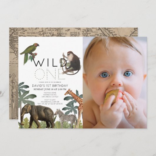 アフリカの野生動物の一匹のサファリの動物の写真1歳の誕生日 招待状 (正面/裏面)