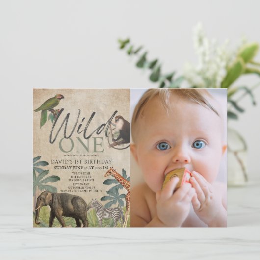 アフリカの野生動物の一匹のサファリの動物の写真1歳の誕生日 招待状 (スタンド正面)