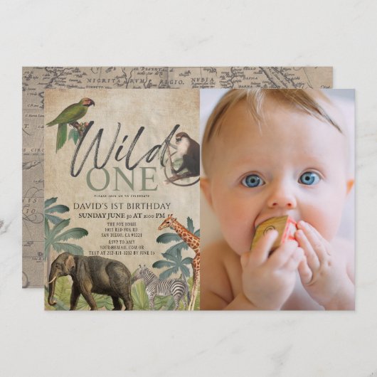 アフリカの野生動物の一匹のサファリの動物の写真1歳の誕生日 招待状 (正面/裏面)