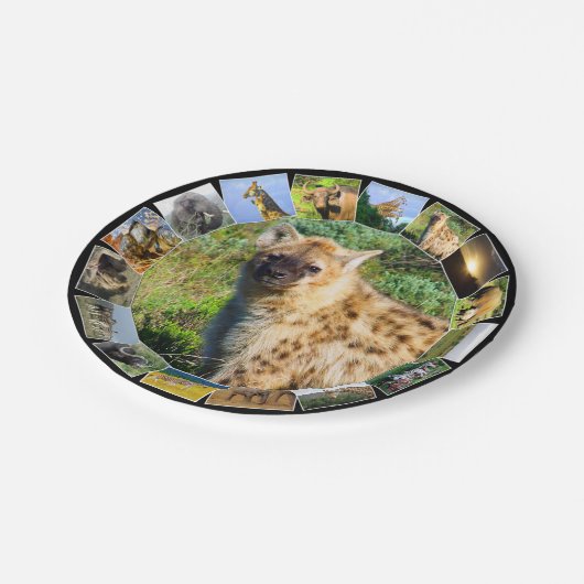 アフリカの野生動物の写真コラージュで発見されたHyena ペーパープレート (アングル)