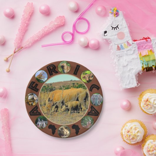 アフリカの野生動物サークルのコラージュRhinoリーズ ペーパープレート (パーティー)