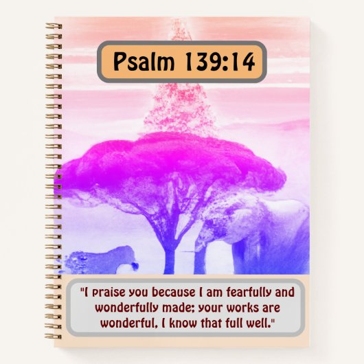 アフリカの静謐さ：象、シマウマと詩篇139:14 ノートブック (正面)