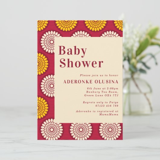 アフリカはっきりしたワックスプリント赤と黄色のベビーシャワー 招待状 (スタンド正面)