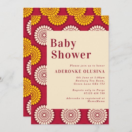 アフリカはっきりしたワックスプリント赤と黄色のベビーシャワー 招待状 (正面/裏面)