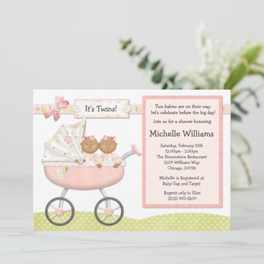 アフリカアメリカンツインズベビーシャワー招待状 招待状 (スタンド正面)