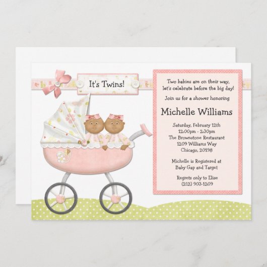 アフリカアメリカンツインズベビーシャワー招待状 招待状 (正面/裏面)