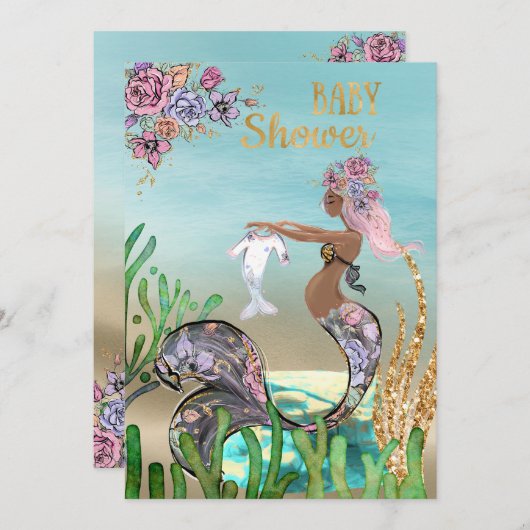 アフリカアメリカ人魚姫ベビーシャワー招待状 招待状 (正面/裏面)