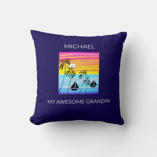 アフリカアート、熱帯の夏の夕日セーリング クッション (正面)