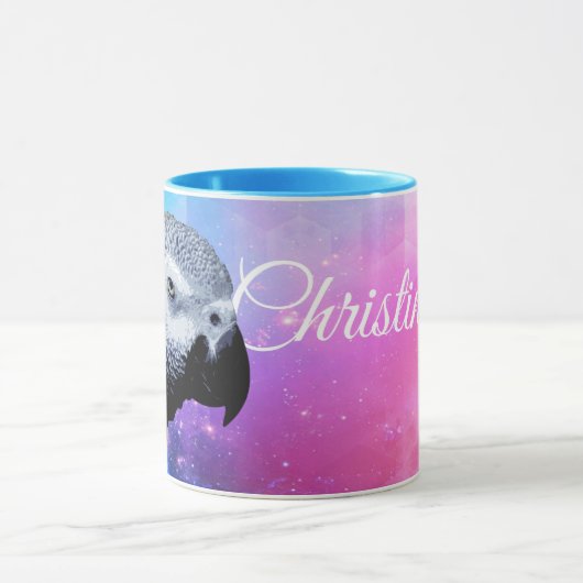 アフリカカラフルグレイのオウムとピンクとブルーの名前 マグカップ (中央)