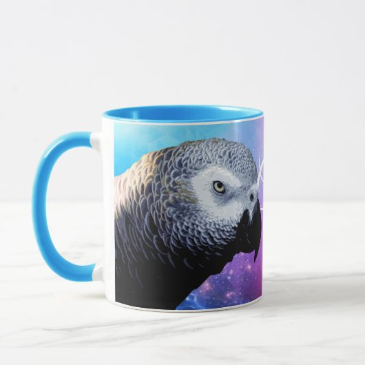 アフリカカラフルグレイのオウムとピンクとブルーの名前 マグカップ (左)