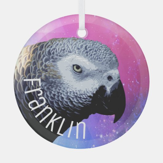 アフリカクールグレイのオウムのピンク紫のペットバードネーム ガラスオーナメント (正面)