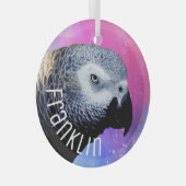 アフリカクールグレイのオウムのピンク紫のペットバードネーム ガラスオーナメント (正面右)