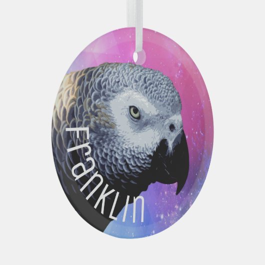 アフリカクールグレイのオウムのピンク紫のペットバードネーム ガラスオーナメント (正面右)