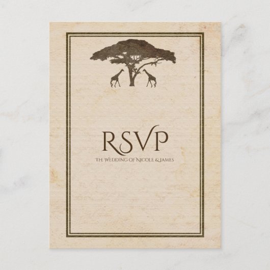 アフリカサファリのキリン ツリー ヴィンテージ ウェディング RSVP インビテーションポストカード (正面)