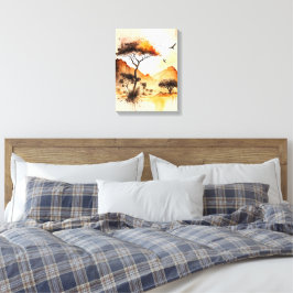 アフリカサファリの夕焼けアカシアツリーの水彩画 キャンバスプリント