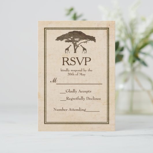 アフリカサファリギラフェズツリーヴィンテージウェディングRSVP 出欠カード (スタンド正面)
