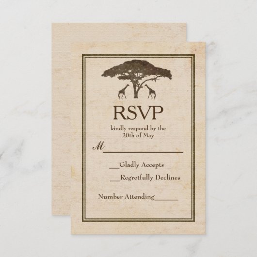 アフリカサファリギラフェズツリーヴィンテージウェディングRSVP 出欠カード (正面/裏面)