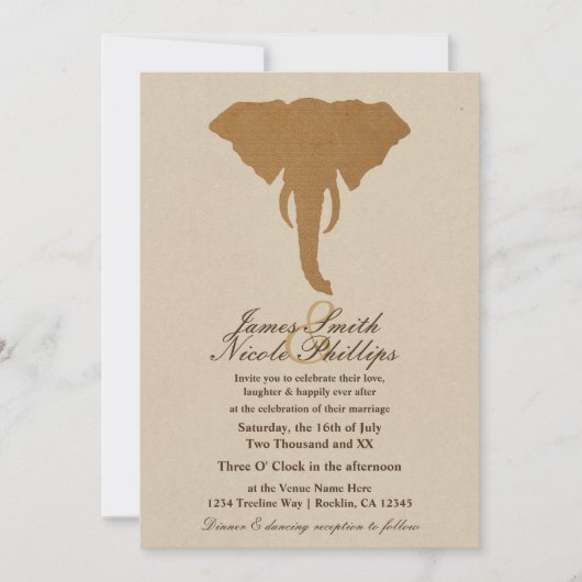 アフリカサファリブラウンワイルドエレファントヴィンテージウェディング 招待状 (正面)